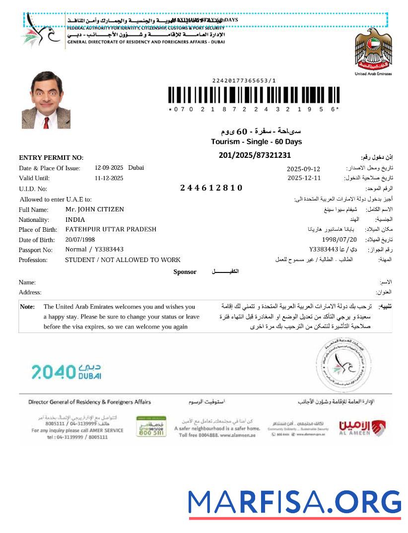 Printable Uae e visa template in Word and Pdf formats, version 3
